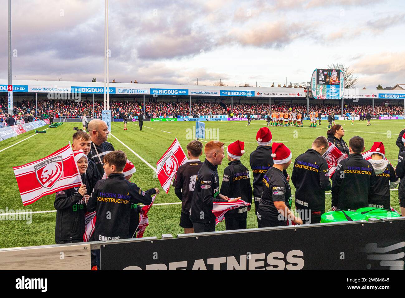 The BigDug 'Shed' (covered terrace) at Kingsholm Stadium, home of Gloucester Rugby, before the match with Northampton on 23/12/2023 Gloucester, UK Stock Photo