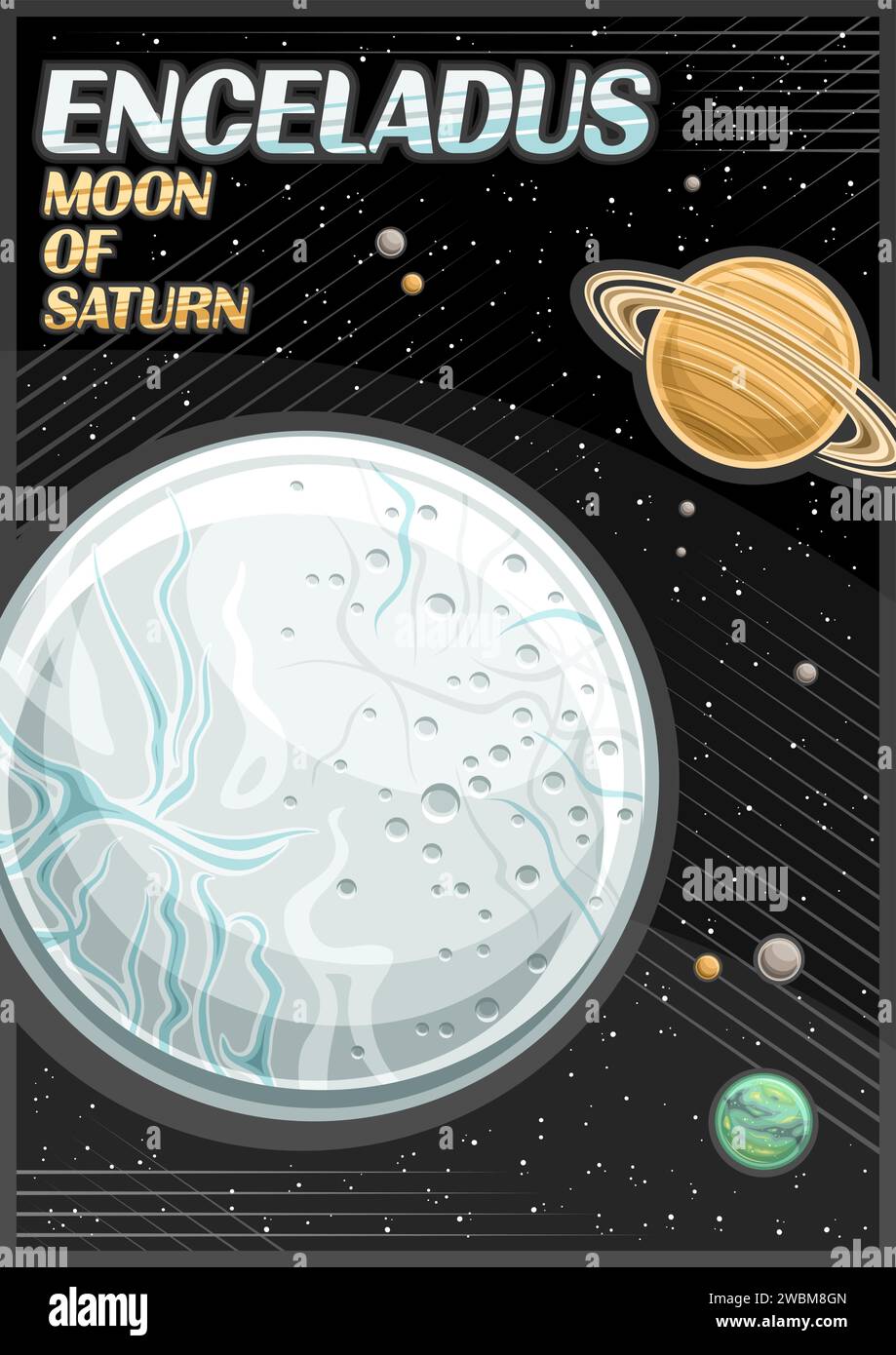 Vector Poster for Enceladus, vertical banner with illustration of rotating blue moon, around cartoon saturn planet on dark starry background, fantasy Stock Vector