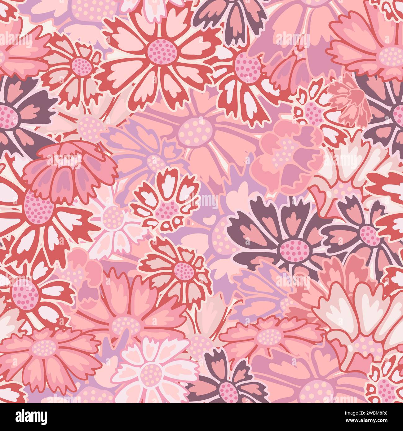 Pink floral pattern on a pink background. Contrasted playful ornate design. Allover scattered layered repeat. Stock Vector