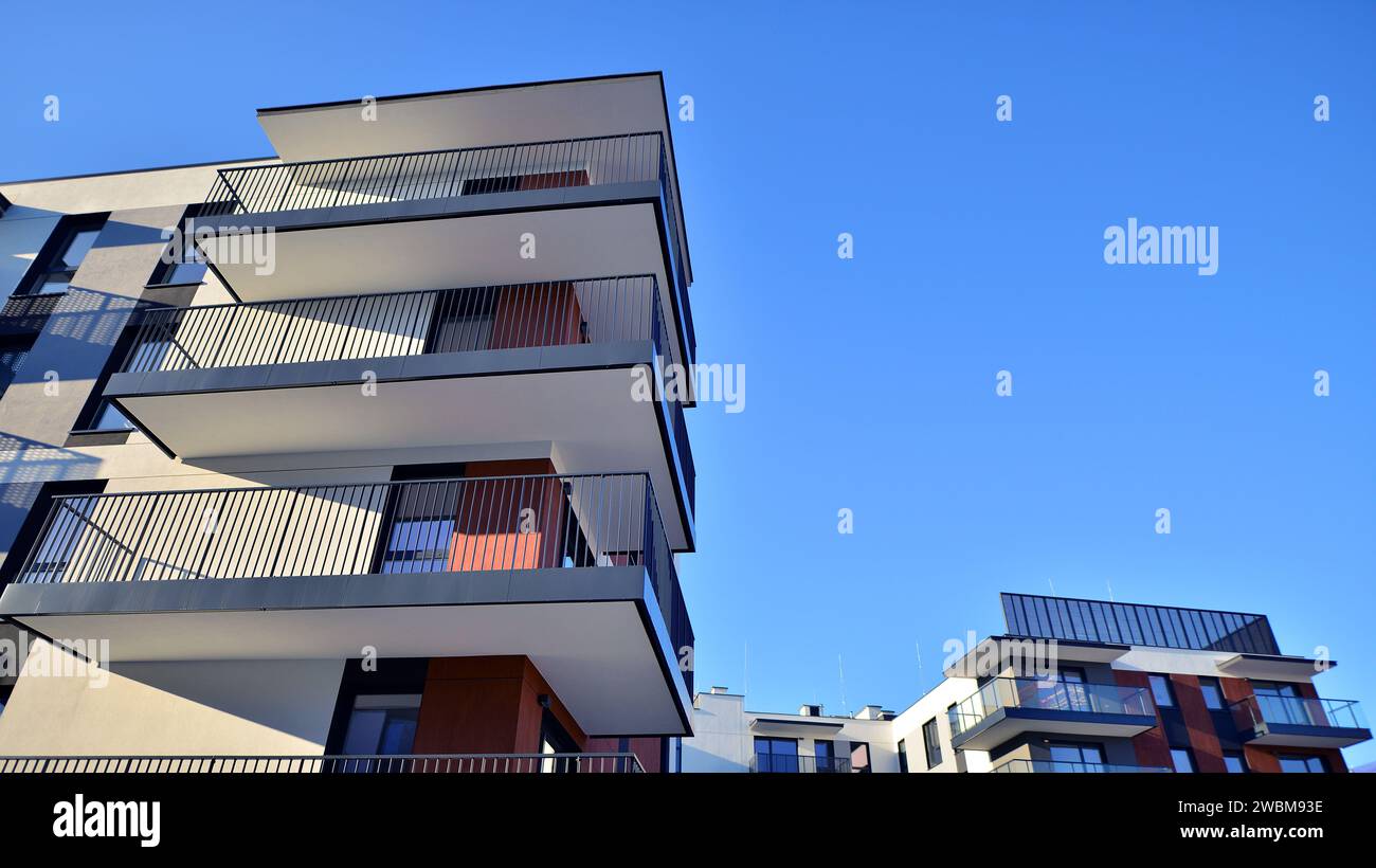 Residential area with modern apartment building. Facade of a modern ...
