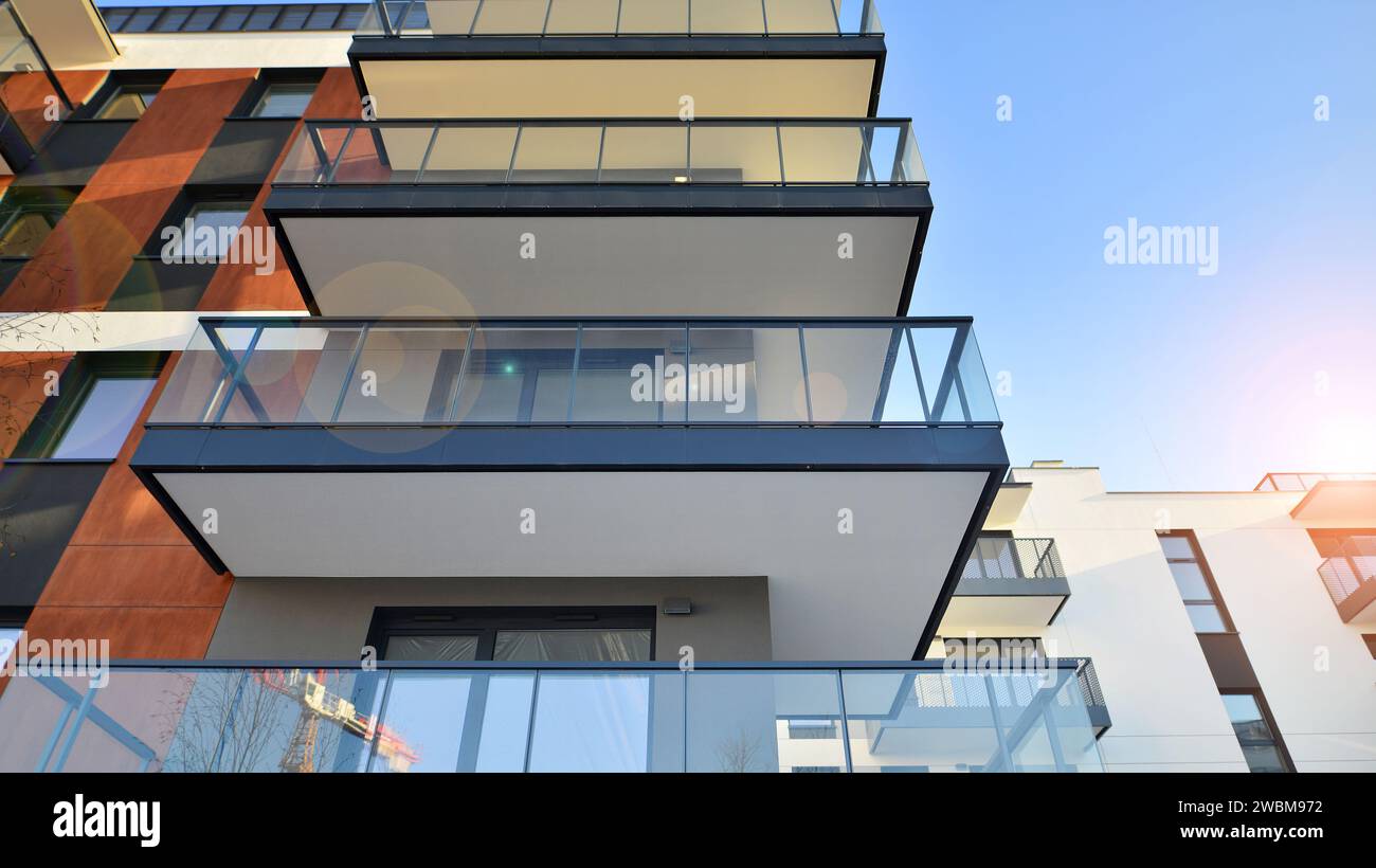 Residential area with modern apartment building. Facade of a modern ...