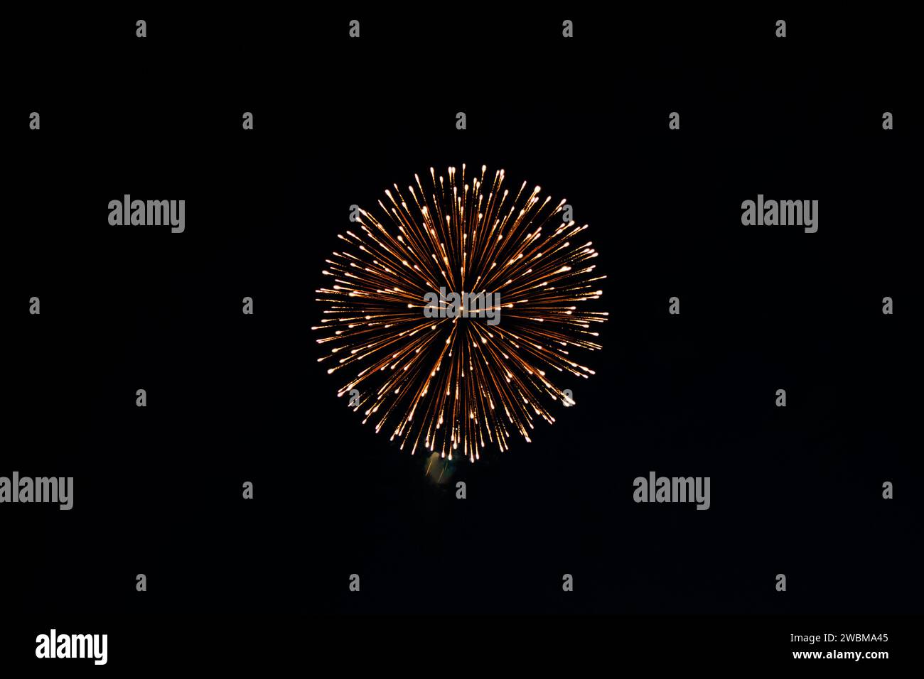 Golden firework burst against a dark night sky. Stock Photo