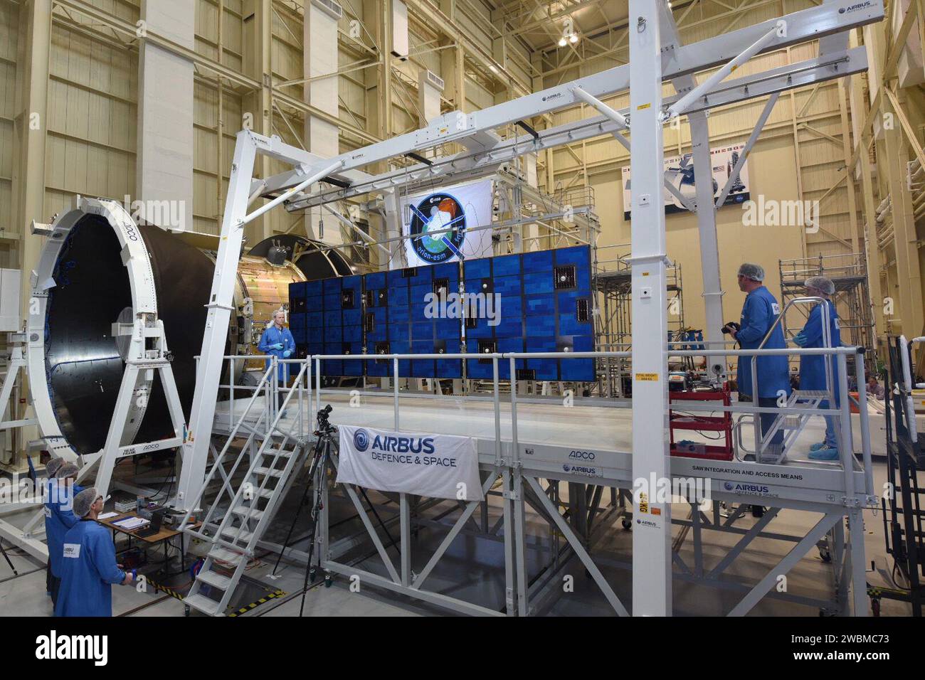 A solar array wing on a structural model of Orion’s service module was ...