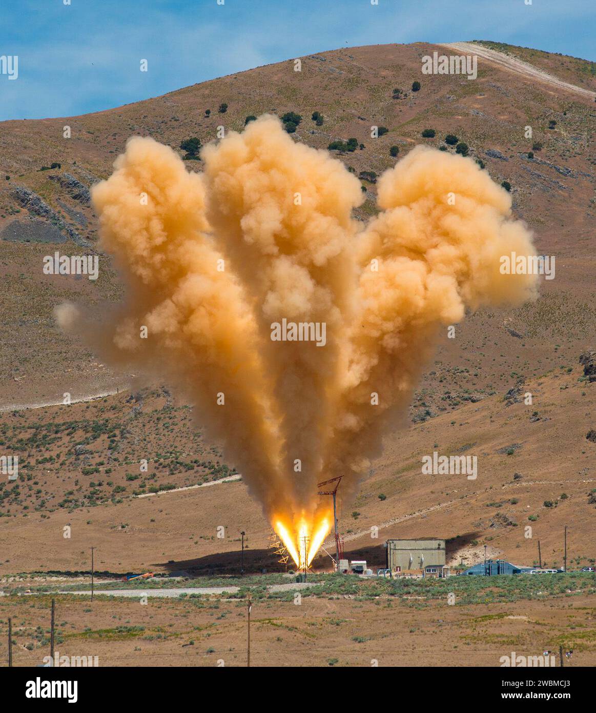 The abort motor for Orion’s launch abort system fired for five seconds in a test at the Promontory, Utah facility of manufacturer Orbital ATK on June 15, 2017. Part of Batch images transfer from Flickr. Stock Photo