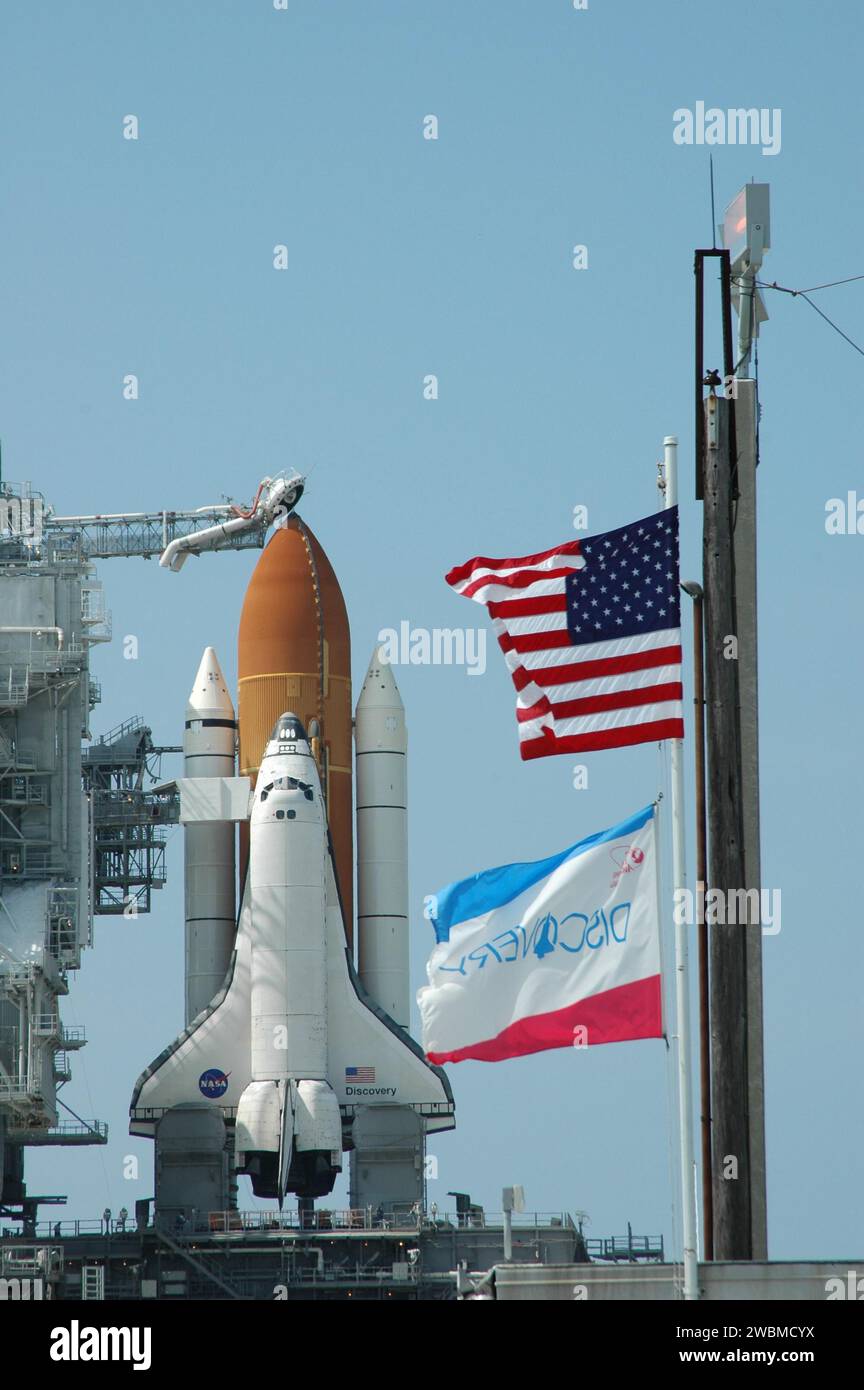 Flags fly on Launch Pad 39B at Kennedy Space Center as Space Shuttle ...
