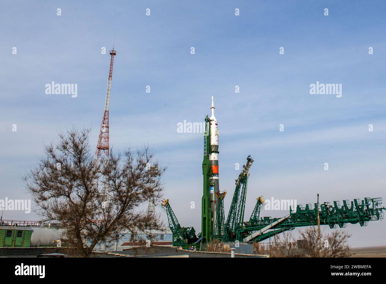 jsc2020e017005 - At the Baikonur Cosmodrome in Kazakhstan, the Soyuz MS-16 spacecraft and its booster stand vertically the Site 31 launch pad April 6 for final preparations for launch following rollout. Expedition 63 crewmembers Chris Cassidy of NASA and Anatoly Ivanishin and Ivan Vagner of Roscosmos are set to launch aboard the Soyuz MS-16 April 9 for a six-and-a-half month mission on the International Space Station...Andrey Shelepin/Gagarin Cosmonaut Training Center. Stock Photo