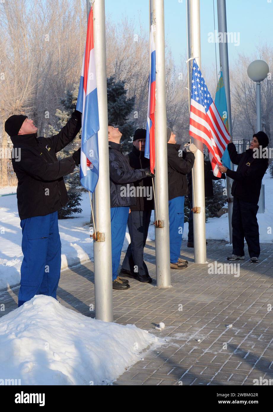 At their crew quarters at the Cosmonaut Hotel in Baikonur, Kazakhstan