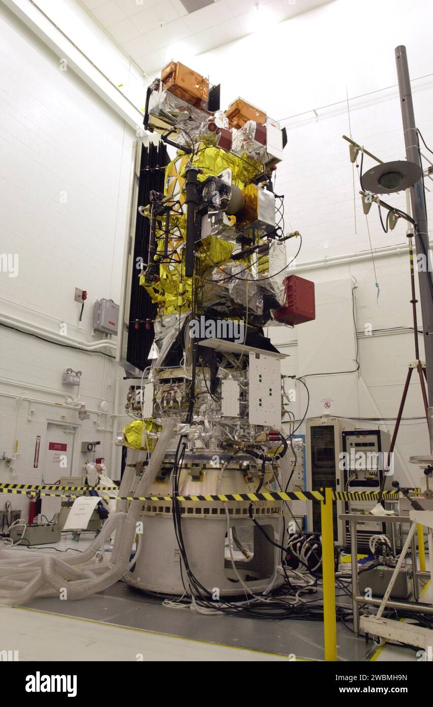 Inside Hangar 1610 at Vandenberg Air Force Base, the NOAA-N spacecraft ...