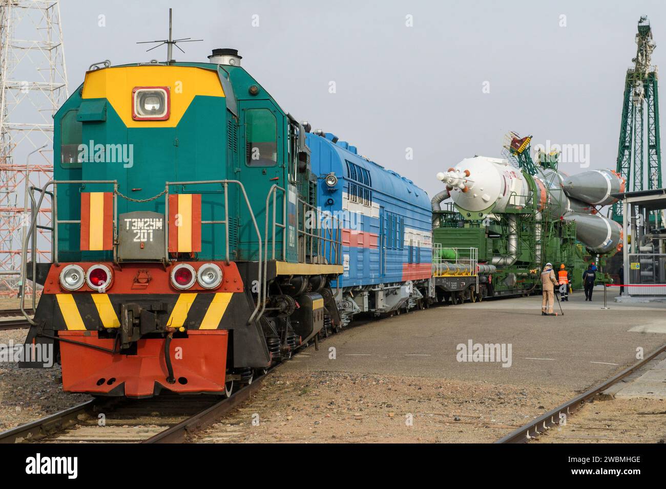 jsc2020e017004 - At the Baikonur Cosmodrome in Kazakhstan, the Soyuz MS-16 spacecraft and its booster are transported from the integration building to the Site 31 launch pad April 6 for final preparations for launch. Expedition 63 crewmembers Chris Cassidy of NASA and Anatoly Ivanishin and Ivan Vagner of Roscosmos are set to launch aboard the Soyuz MS-16 April 9 for a six-and-a-half month mission on the International Space Station...Andrey Shelepin/Gagarin Cosmonaut Training Center. Stock Photo