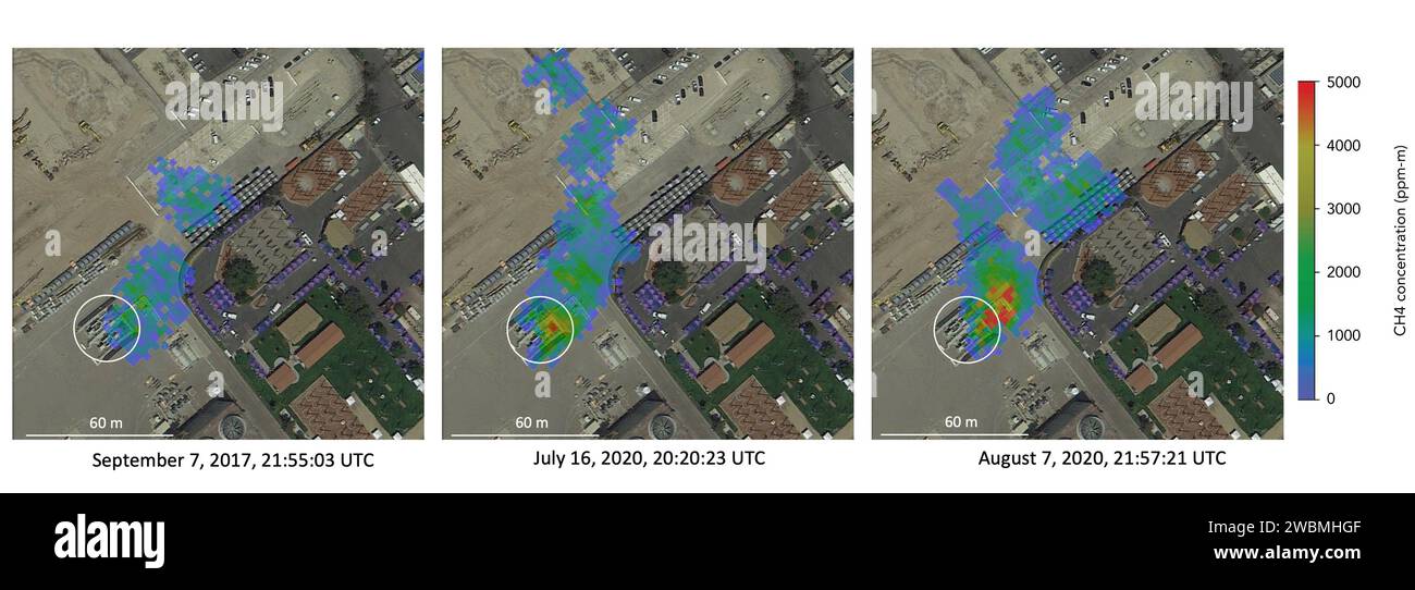 Atmospheric methane is a potent greenhouse gas and an important contributor to air quality. Future instruments on orbiting satellites can help improve our understanding of important methane emission sources. NASA conducts periodic methane studies using the next-generation Airborne Visible/Infrared Imaging Spectrometer (AVIRIS-NG) instrument. These studies are determining the locations and magnitudes of the largest methane emission sources across California, including those associated with landfills, refineries, dairies, wastewater treatment plants, oil and gas fields, power plants, and natural Stock Photo