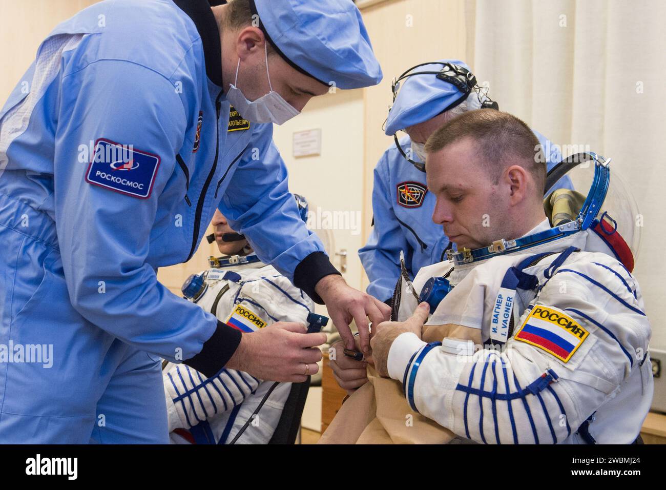 jsc2020e016846 - At the Baikonur Cosmodrome in Kazakhstan, Expedition 63 crewmember Ivan Vagner of Roscosmos suits up March 25 for pre-launch training activities. Vagner, Anatoly Ivanishin of Roscosmos and Chris Cassidy of NASA will launch April 9 on the Soyuz MS-16 spacecraft from Baikonur for a six-and-a-half month mission on the International Space Station...Andrey Shelepin/Gagarin Cosmonaut Training Center. Stock Photo