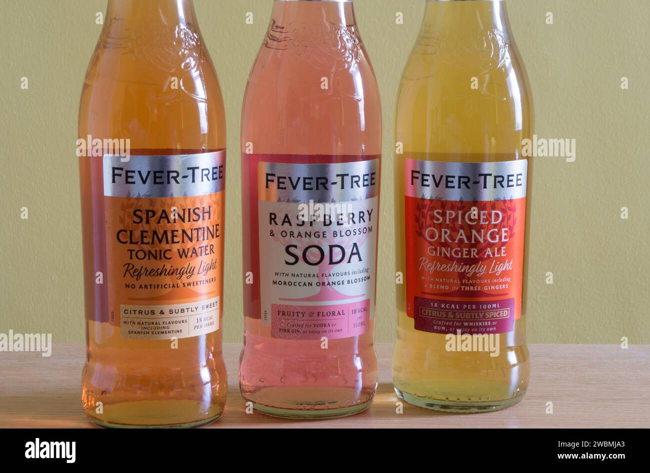 Bottles of Fever Tree of Tonic Water, Soda and Ginger Ale Stock Photo
