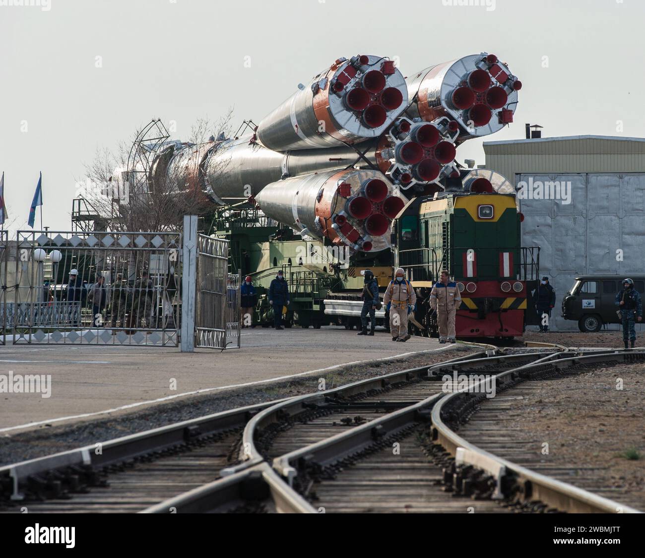 jsc2020e016999 - At the Baikonur Cosmodrome in Kazakhstan, the Soyuz MS-16 spacecraft and its booster are transported from the integration building to the Site 31 launch pad April 6 for final preparations for launch. Expedition 63 crewmembers Chris Cassidy of NASA and Anatoly Ivanishin and Ivan Vagner of Roscosmos are set to launch aboard the Soyuz MS-16 April 9 for a six-and-a-half month mission on the International Space Station...Andrey Shelepin/Gagarin Cosmonaut Training Center. Stock Photo