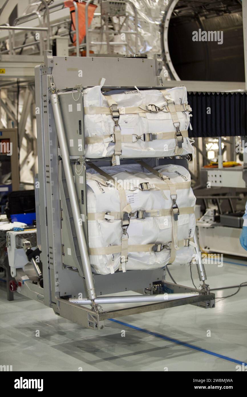 CAPE CANAVERAL, Fla. -- In the Space Station Processing Facility at NASA's Kennedy Space Center in Florida, cargo is secured and ready to be installed inside the Raffaello multi-purpose logistics module for shuttle Atlantis' flight to the International Space Station. Atlantis and its payload is being prepared for the STS-135 mission, which will deliver the Raffaello multi-purpose logistics module packed with supplies and spare parts to the station. Atlantis is targeted to launch June 28, and will be the last shuttle flight for the Space Shuttle Program. Stock Photo