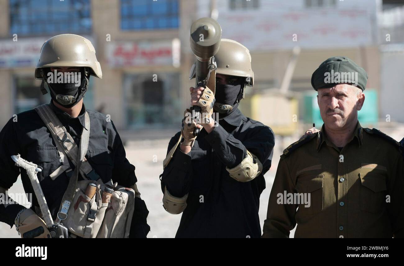 Sanaa, Sanaa, Yemen. 11th Jan, 2024. Houthi troopers stand guard during