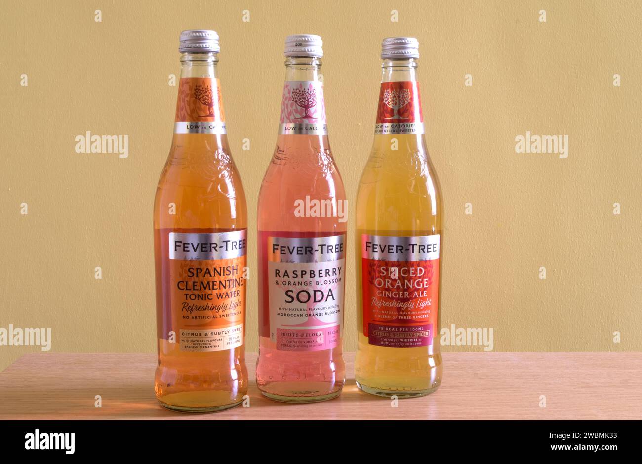 Bottles of Fever Tree of Tonic Water, Soda and Ginger Ale Stock Photo