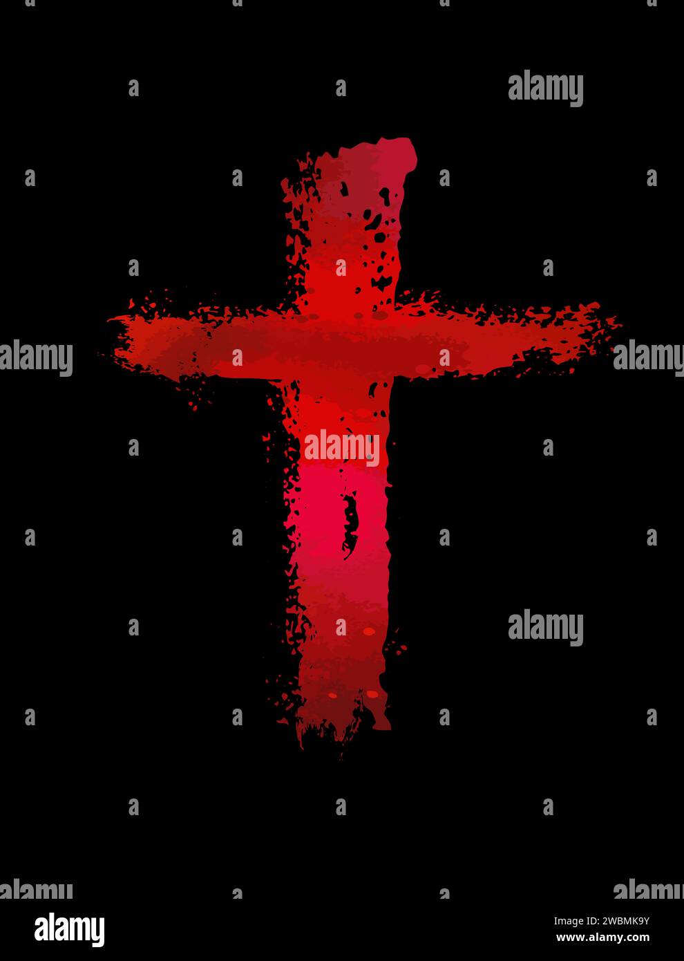 Red religious cross on a black background. bloody cross, hand drawing. Not AI. Vector illustration Stock Vector