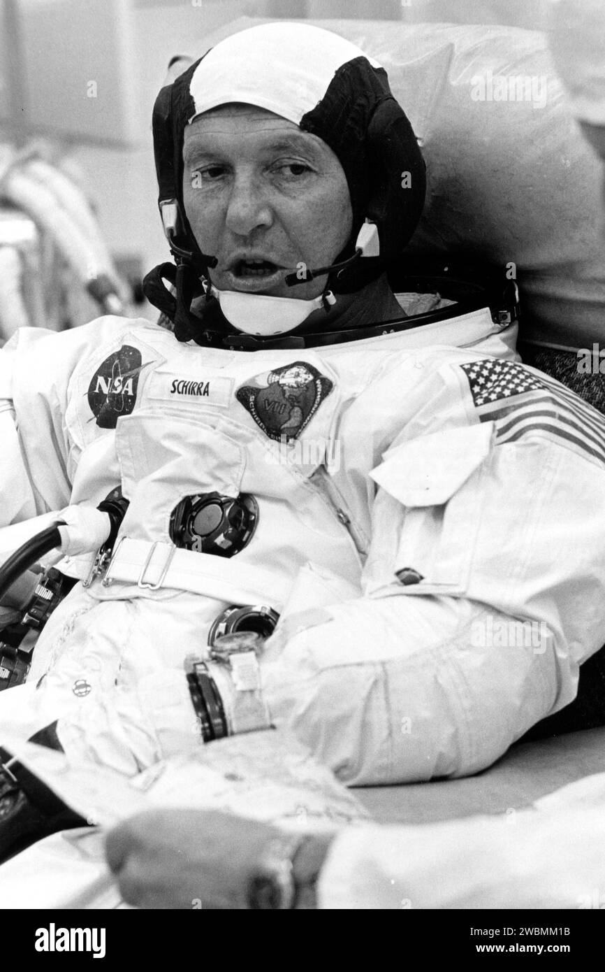 KENNEDY SPACE CENTER, FLA. -- Astsronaut Walter M. Schirra Jr. relaxes prior to boarding the Apollo 7 spacecraft, which rocketed into Earth orbit from Cape Kennedy this morning. Purpose of the 11-day flight is to qualify the Apollo spacecraft for a future flight to the moon. Other Apollo 7 pilots are Donn Eisele and Walter Cunningham. This is the first manned mission of the Apollo series. It is conducted by the National Aeronautics and Space Administration. Stock Photo