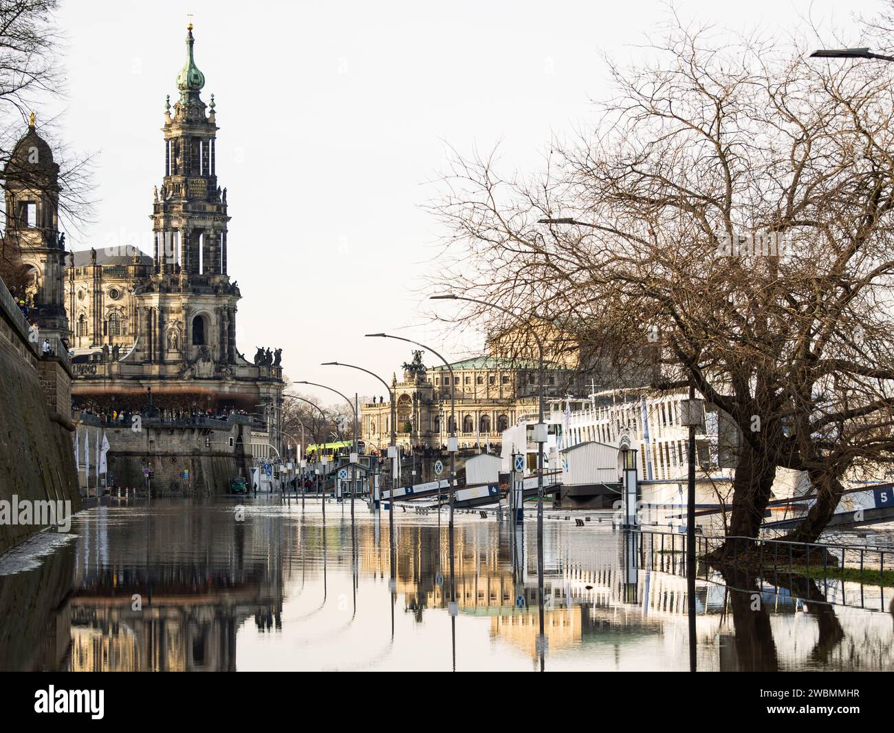 Dresden Terrassenufer street flooded by the Elbe river. The old town