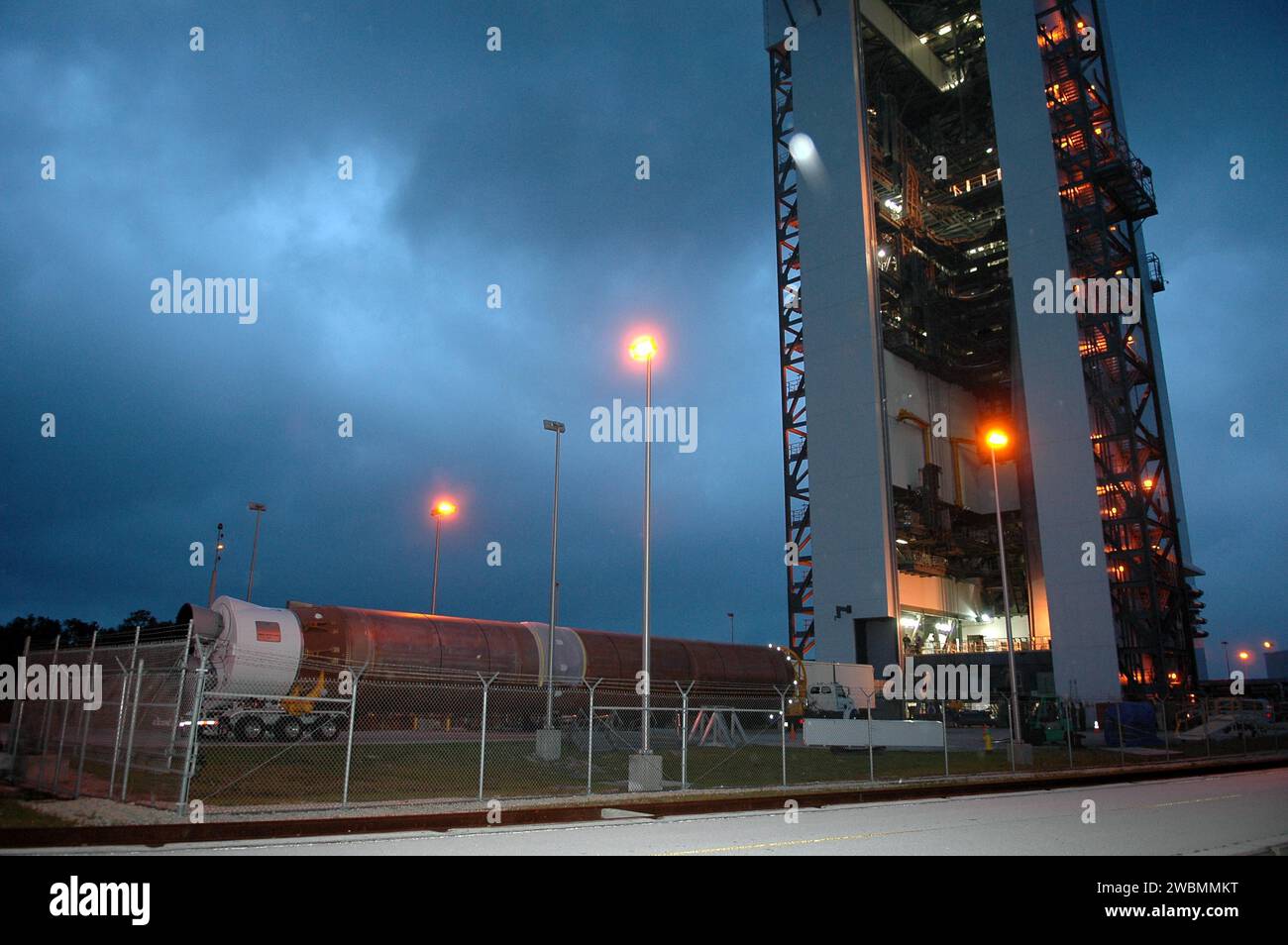 KENNEDY SPACE CENTER, FLA. - The first stage of the Atlas V rocket, designated AV-007, arrives at Launch Complex 41 at Cape Canaveral Air Force Station in Florida. AV-007 is the launch vehicle for the Mars Reconnaissance Orbiter (MRO). The MRO is designed for a series of global mapping, regional survey and targeted observations from a near-polar, low-altitude Mars orbit. These observations will be unprecedented in terms of the spatial resolution and coverage achieved by the orbiter’s instruments as they observe the atmosphere and surface of Mars while probing its shallow subsurface as part of Stock Photo