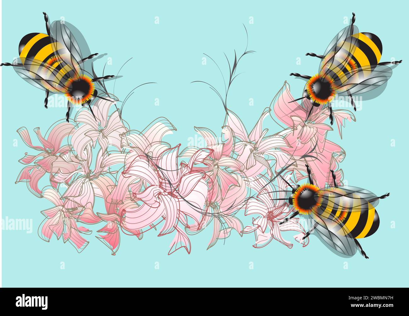 bee and flowers on blue background Stock Vector