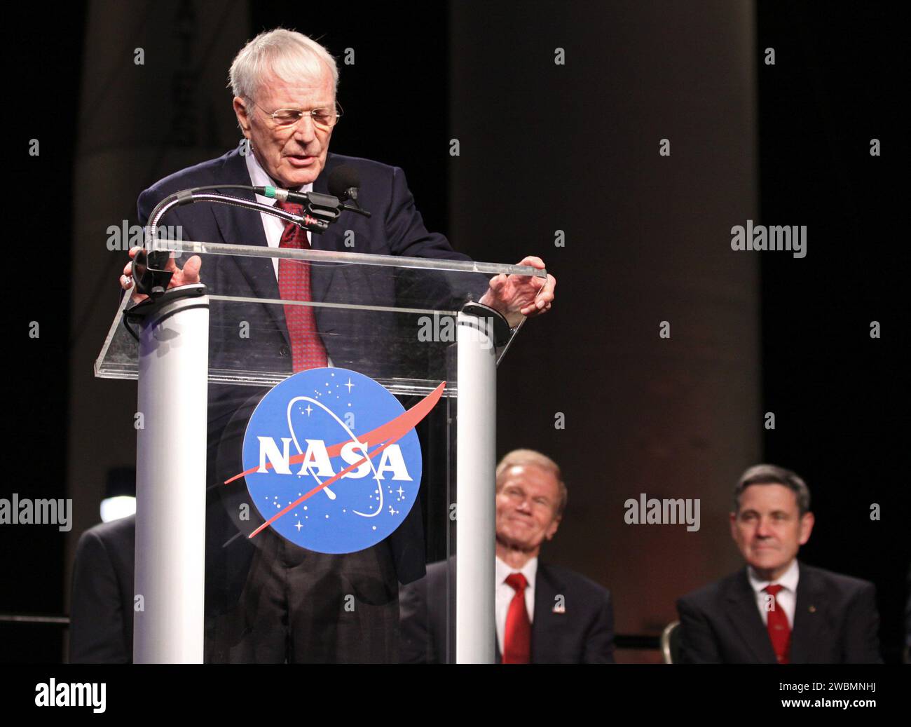 CAPE CANAVERAL, Fla. --Mercury astronaut Scott Carpenter speaks during the 'On Shoulders of Giants' program celebrating 50 years of Americans in orbit, an era which began with John Glenn's MA-6 mission on Feb. 20, 1962. The event was conducted in the Rocket Garden at the Kennedy Space Center Visitor Complex in Florida a few miles from the launch pad where Glenn and Scott Carpenter took flight in Mercury spacecraft. Glenn's launch aboard an Atlas rocket took with it the hopes of an entire nation and ushered in a new era of space travel that eventually led to Americans walking on the moon by the Stock Photo