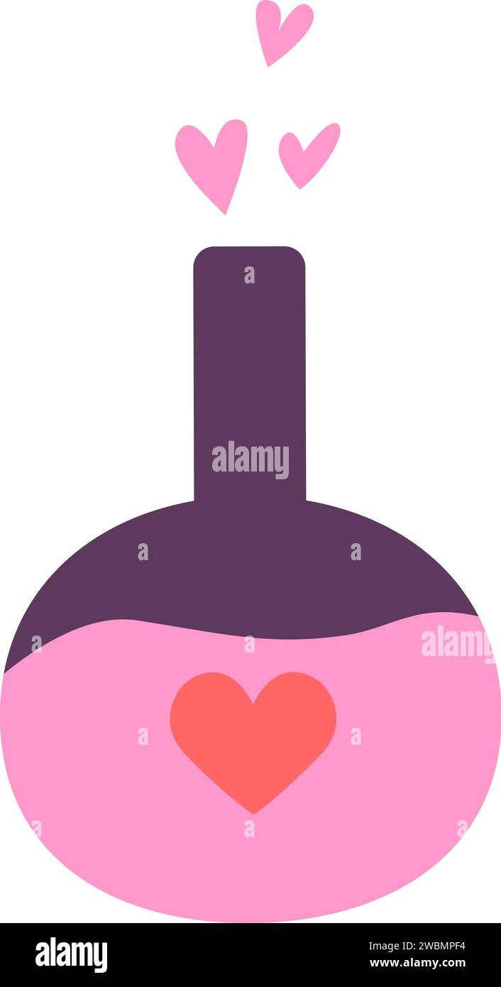 Love pink liquid potion in violet bottle with pink hearts. Magic spell elixir. Vector flat icon for valentines or magic theme Stock Vector