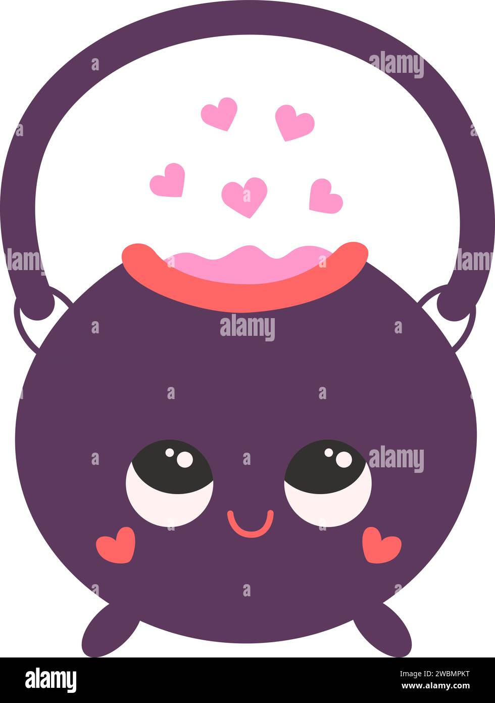 Cauldron with love potion and hearts bubbles in kawaii style. Vector flat isolated illustration for valentines or magic theme Stock Vector