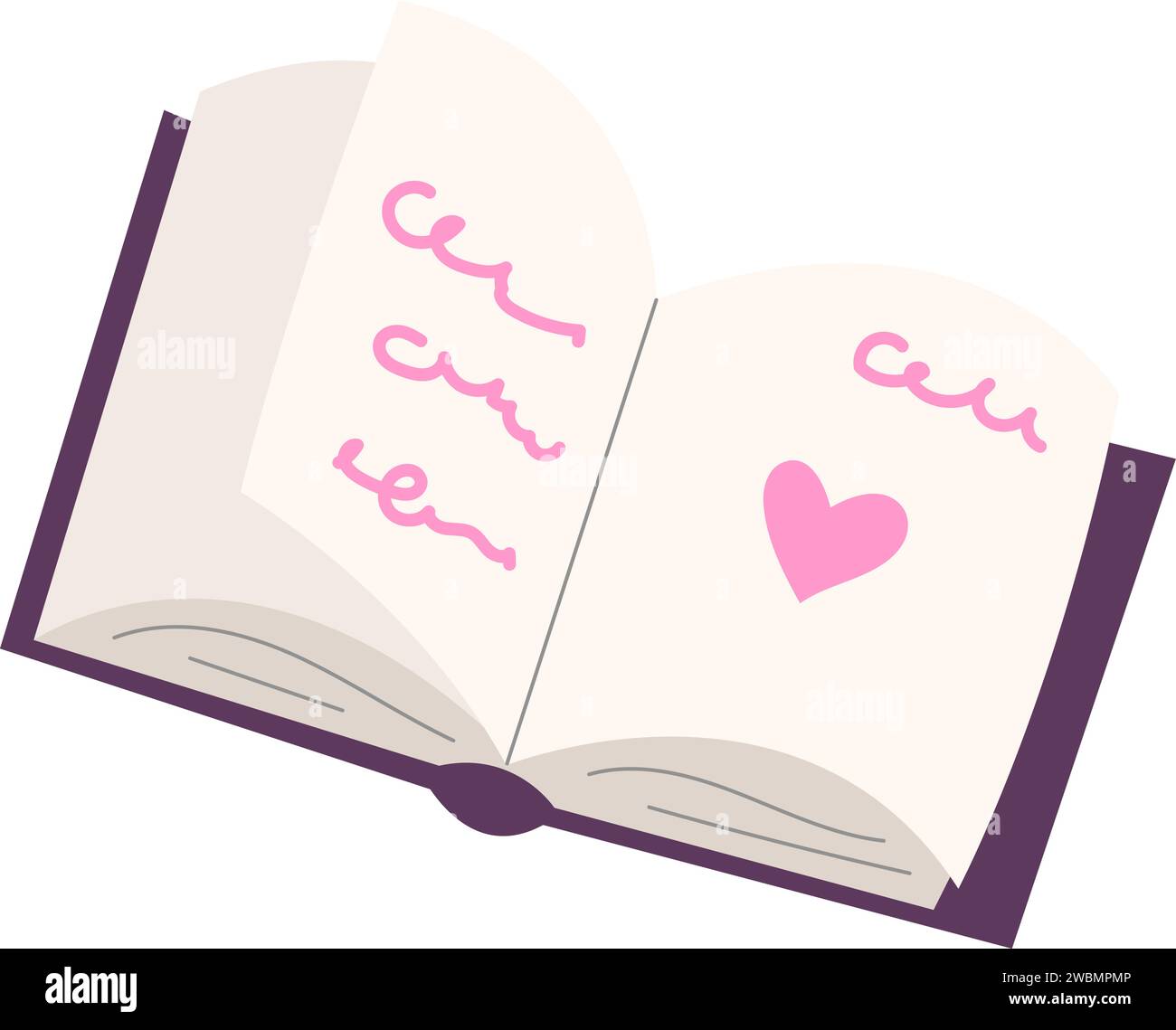 Love diary book with pink heart drawn. Vector flat sticker valentine or magic theme Stock Vector