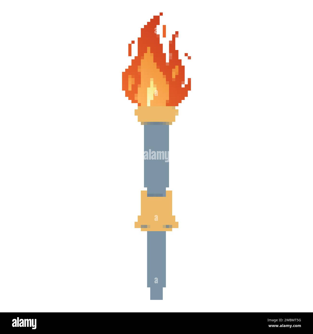 Pixel Flaming torch. Cartoon torch withe flame. Burning fire or flame. Sport fire sign. Competitions, athletic, champion, sports game or freedom torches with flames icon. Stock Vector