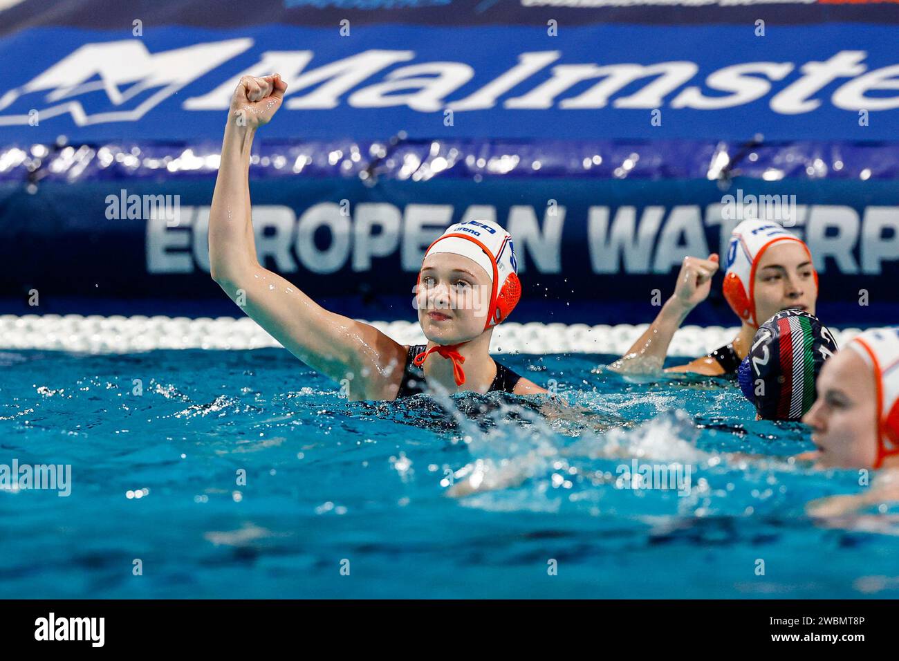 EINDHOVEN, NETHERLANDS - JANUARY 11: Lola Moolhuijzen of the Netherlands celebrating goal competing in the Netherlands during Italy of the European Waterpolo Championships 2024 Semi Final Women at Pieter van den Hoogeband Swimming Stadium on January 11, 2024 in Eindhoven, Netherlands . (Photo by /BSR Agency) Credit: BSR Agency/Alamy Live News Stock Photo