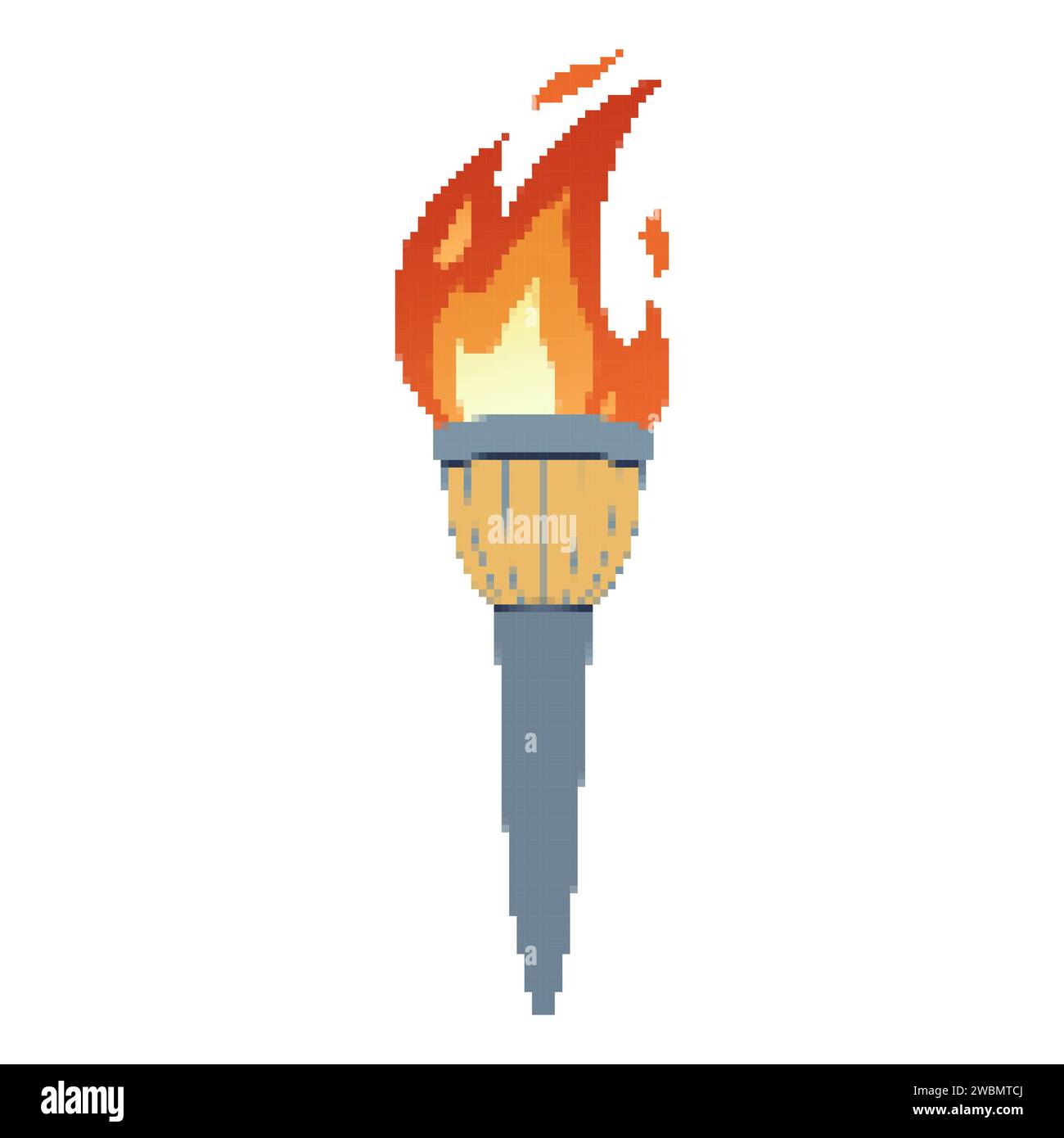 Pixel Flaming torch. Cartoon torch withe flame. Burning fire or flame. Sport fire sign. Competitions, athletic, champion, sports game or freedom torches with flames icon. Stock Vector
