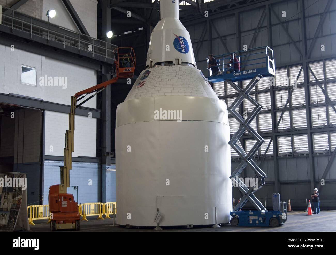 A mockup of the Launch Abort System (LAS) is positioned atop a ...