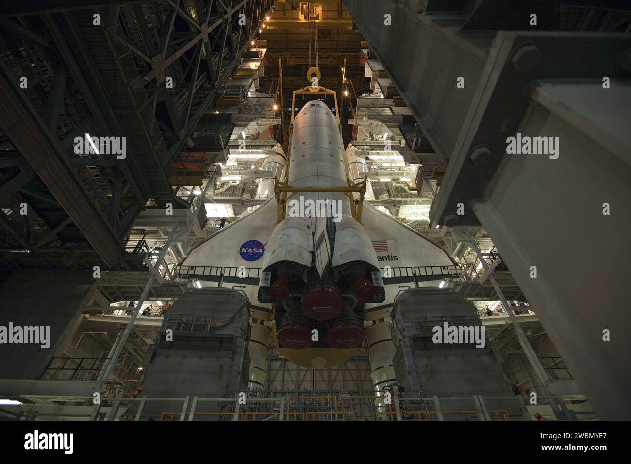 Atlantis is lowered toward the mobile launcher platform in the Vehicle ...