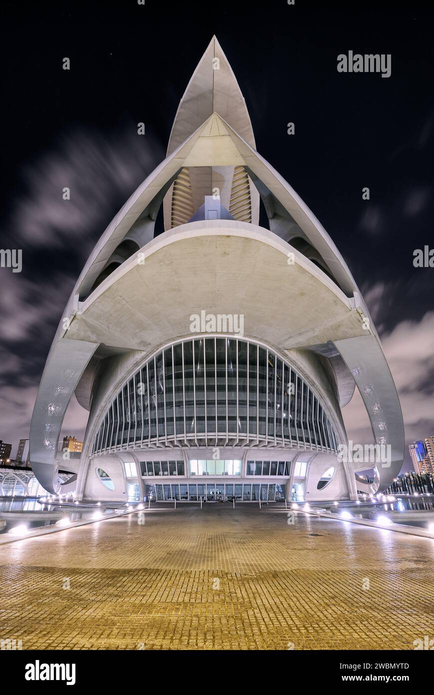 The Music Palace of the City of Arts and Sciences at night on concert day, in Valencia, Spain. Stock Photo