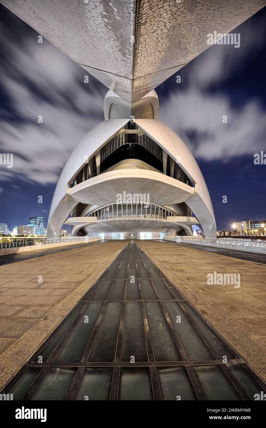 The Music Palace of the City of Arts and Sciences at night on concert day, in Valencia, Spain. Stock Photo