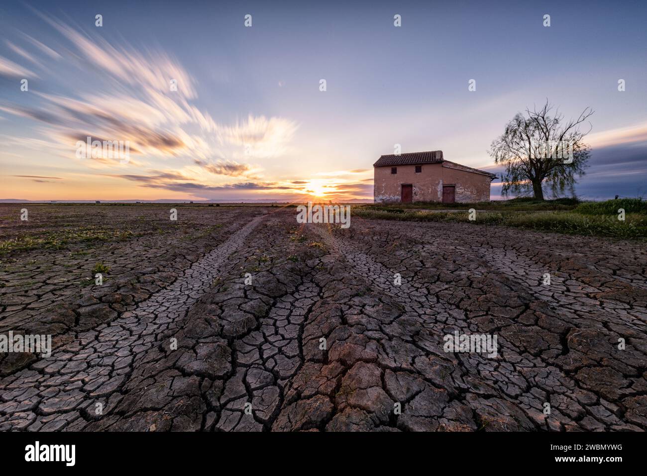 Beautiful sunset in a dry rice field with a lot of texture in the mud with a cottage with a tree and the sun hiding on the horizon, Sueca, Valencia Stock Photo