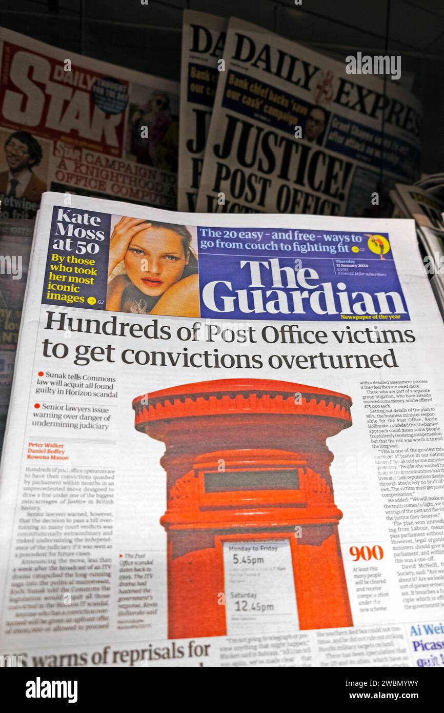 'Hundreds of Post Office victims to get convictions overturned' Guardian newspaper headline front page Fujitsu Horizon scandal article 11 January 2024 Stock Photo