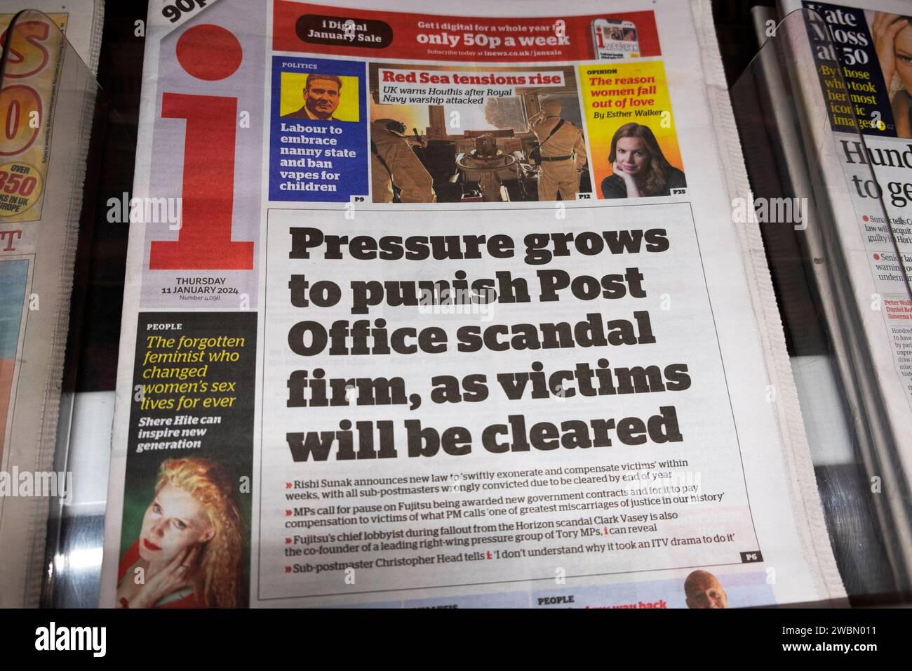 'Pressure grows to punish Post Office scandal firms as victims will be cleared' i newspaper front page subpostmasters January 2024 London England UK Stock Photo