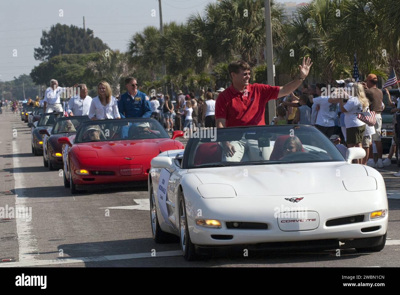Cape Canaveral, Fla. -- Retired space shuttle astronaut Don McMonagle waves to spectators from a vintage Chevrolet Corvette during a commemorative parade in Cocoa Beach, Fla.    A group of current and retired NASA astronauts gathered in Cocoa Beach to commemorate NASA’s 50 years of accomplishments and to honor astronaut Alan Shepard’s Mercury/Freedom 7 suborbital flight May 5, 1961.The event was marked by a parade, with the astronauts riding in a fleet of Chevrolet Corvettes that corresponded with the time period of their space missions. Members of the Cape Kennedy Corvette Club, a group estab Stock Photo
