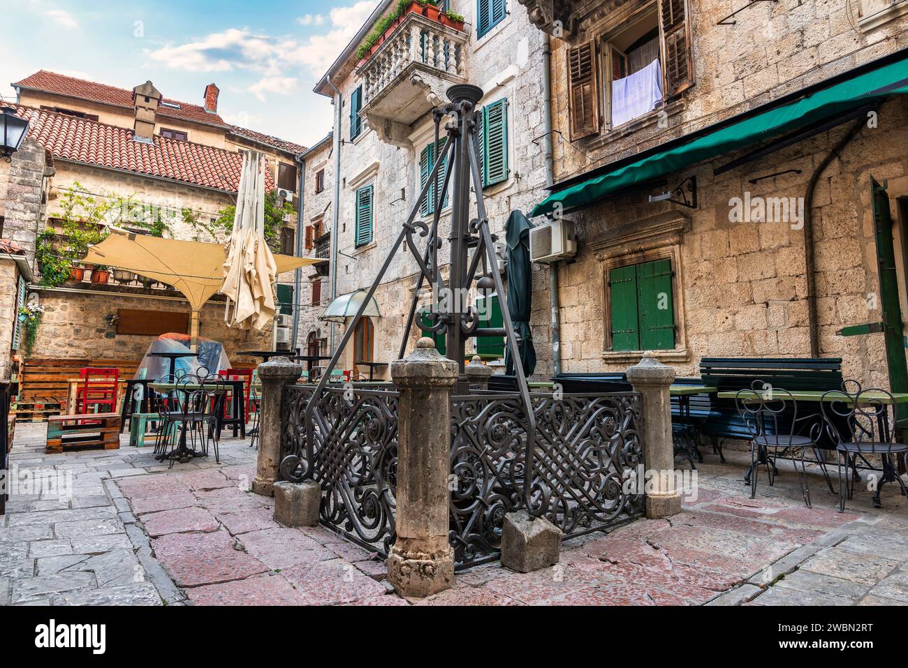 Ancient water well in the Old town of Kotor, Montenegro Stock Photo