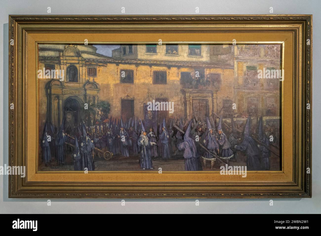 oil painting of the brotherhood of Jesus coming out dressed as a brother from the church of the Salzillo museum in the city of Murcia, Spain, Europe. Stock Photo
