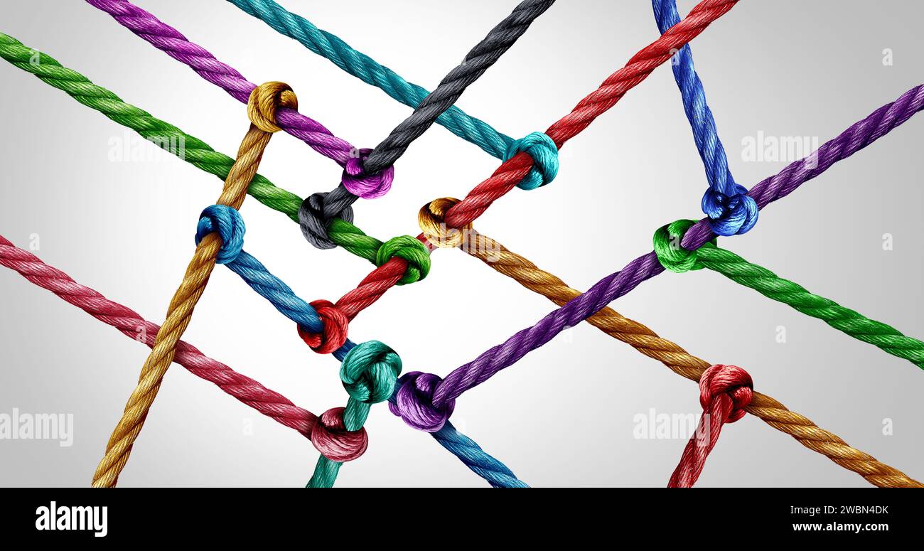 Team business support structure or unity and teamwork concept as a group of diverse ropes united together in strength and solidarity representing belo Stock Photo