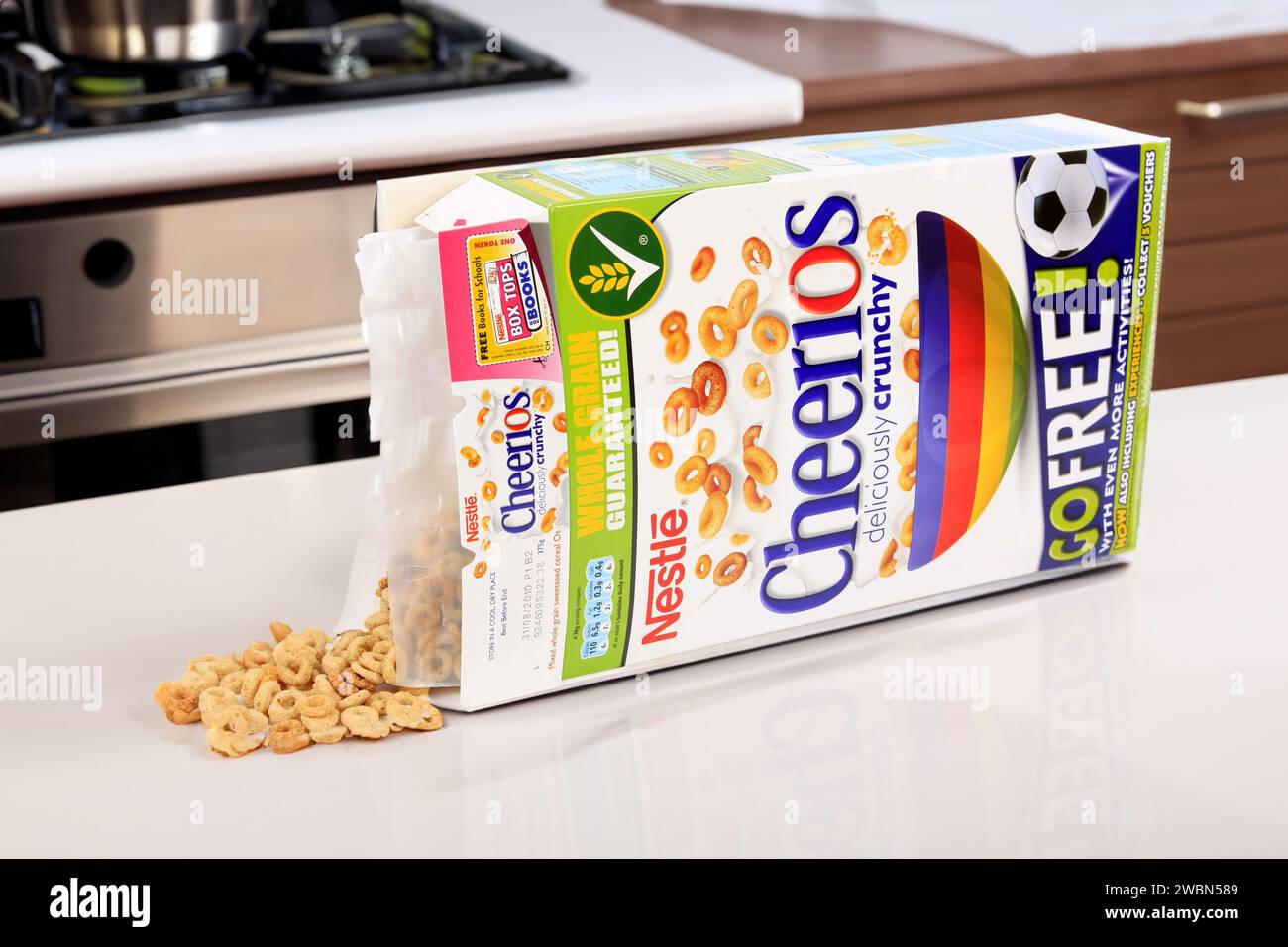 A white cut-out of a box of Cheerios Breakfast Cereals Stock Photo