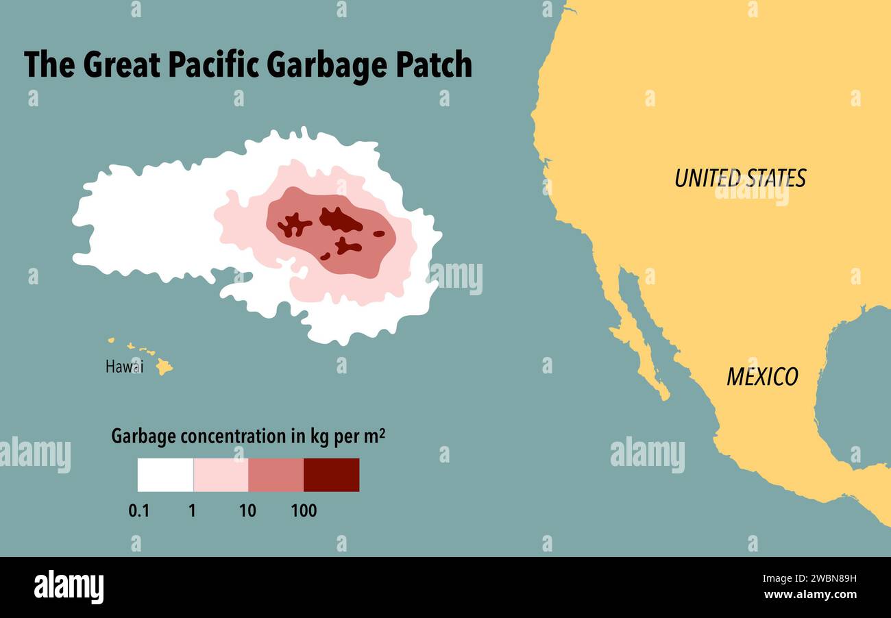 Map of the great garbage patch in the Pacific Ocean Stock Photo