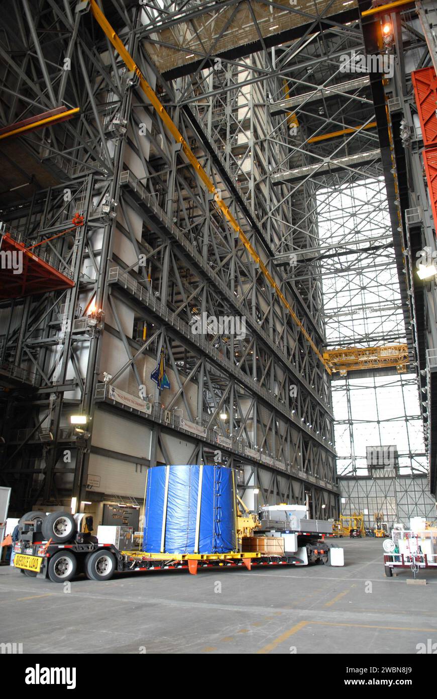 CAPE CANAVERAL, Fla. – The Ares I-X fifth segment simulator aft section arrives in the Vehicle Assembly Building at NASA's Kennedy Space Center in Florida.  Ares I-X is the test vehicle for the Ares I, which is part of the Constellation Program to return men to the moon and beyond. Ares I is the essential core of a safe, reliable, cost-effective space transportation system that eventually will carry crewed missions back to the moon, on to Mars and out into the solar system. Ares I-X is targeted for launch in July 2009. Stock Photo