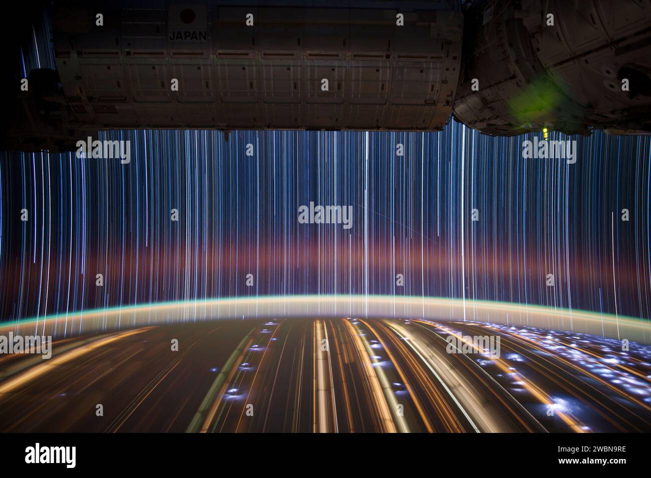 jsc2012e039800 alt (5 March 2012) --- This is a composite of a series of images photographed from a mounted camera on the Earth-orbiting International Space Station, from approximately 240 miles above Earth. Expedition 31 Flight Engineer Don Pettit relayed some information about photographic techniques used to achieve the images: 'My star trail images are made by taking a time exposure of about 10 to 15 minutes. However, with modern digital cameras, 30 seconds is about the longest exposure possible, due to electronic detector noise effectively snowing out the image. To achieve the longer expos Stock Photo