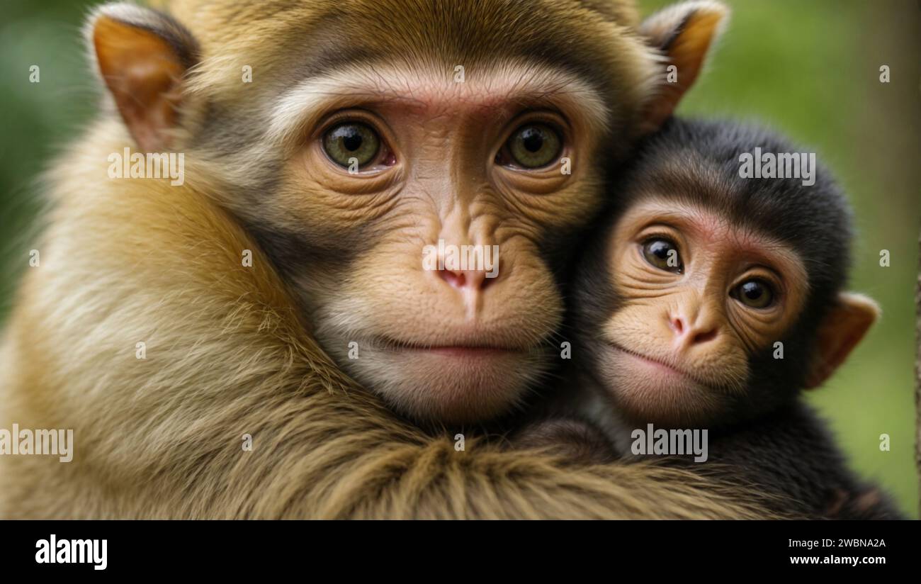 An intimate portrait of a baby monkey clutching its mother in a natural habitat Stock Photo