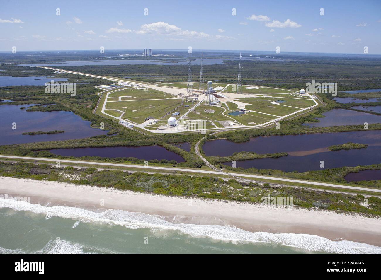 CAPE CANAVERAL, Fla. – An aerial view, from the east looking toward the ...