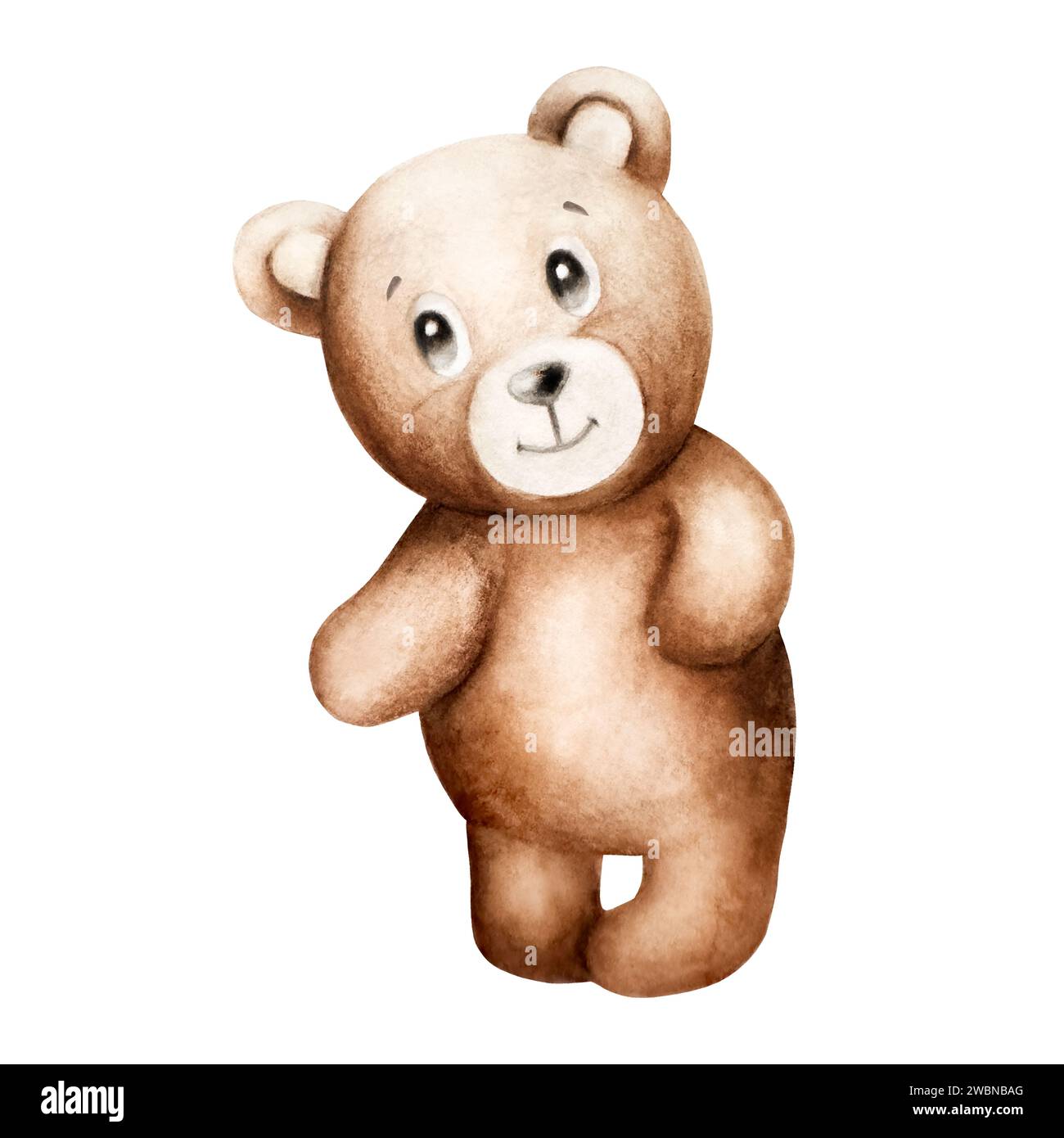 Watercolor cute cartoon teddy bear. Hand drawn baby illustration isolated on white background. Lovely toy for baby and kids new born celebration, desi Stock Photo